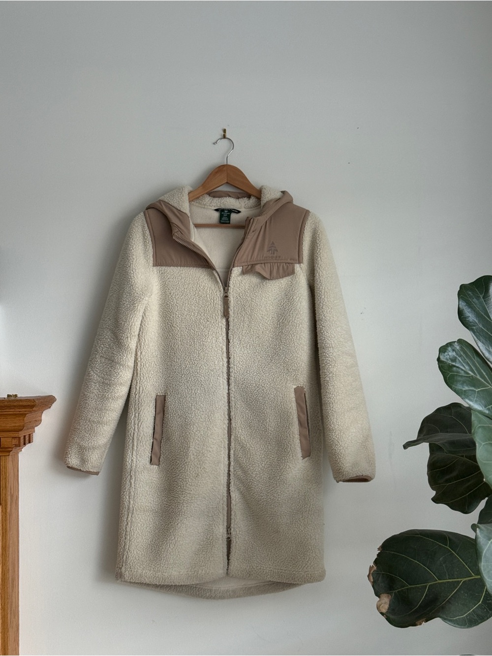 Cream Sherpa Teddy Coat with Taupe Trim - Women's Hooded Jacket